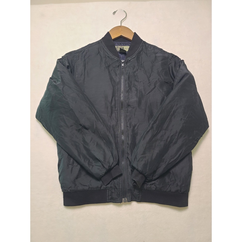 VTG Robert Stock M Bomber Jacket Minimalist Black 100% Silk Quilted Lining